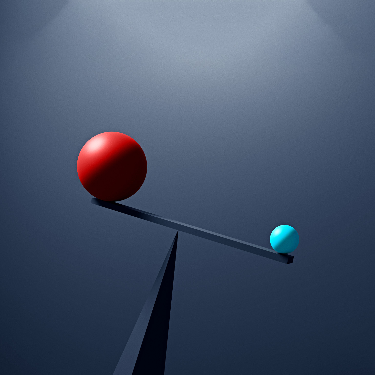  A large red sphere and a much smaller, light-blue sphere rest on opposite ends of a simple seesaw, which is unbalanced with the smaller blue sphere outweighing the red one. The scene is set against a dark, neutral background, emphasizing the contrast in size and weight between the two spheres.