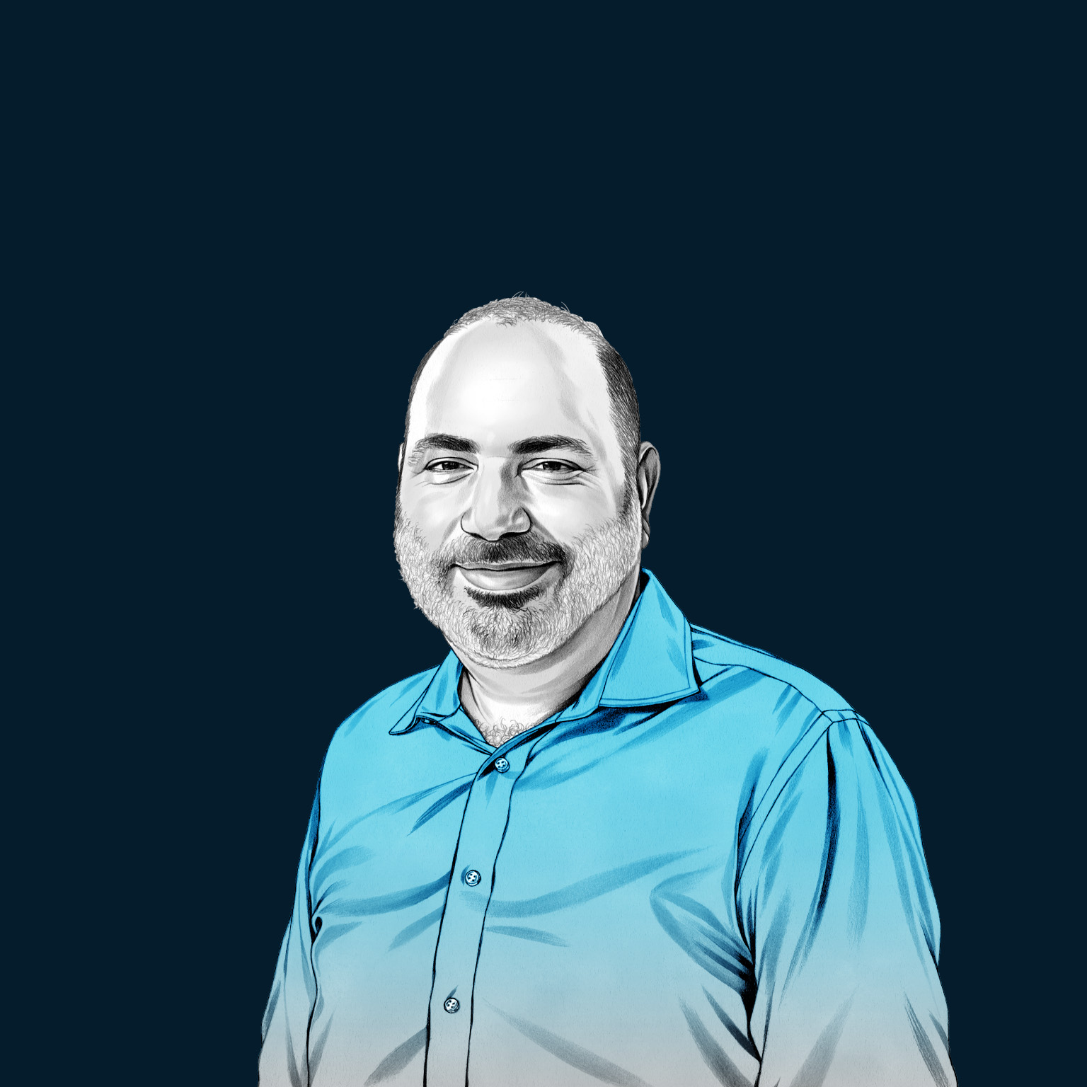 A hand-drawn illustration of James Landay, smiling and wearing a button down shirt. The drawing features precise lines and subtle shading, using black and white tones for her face and blues for her attire.