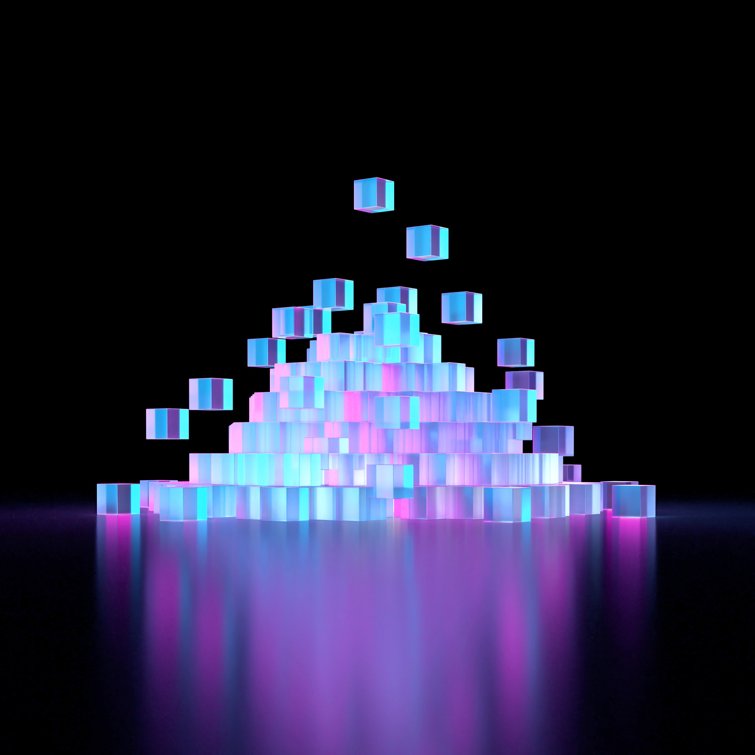 Numerous translucent cubes in shades of blue and pink, stacked a pyramid formation against a black background. The cubes appear to be glowing, creating a vibrant and futuristic aesthetic.