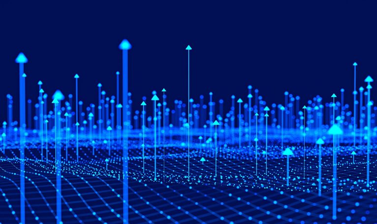 A digital landscape of interconnected nodes and upward-pointing arrows, visualized in vibrant blue.