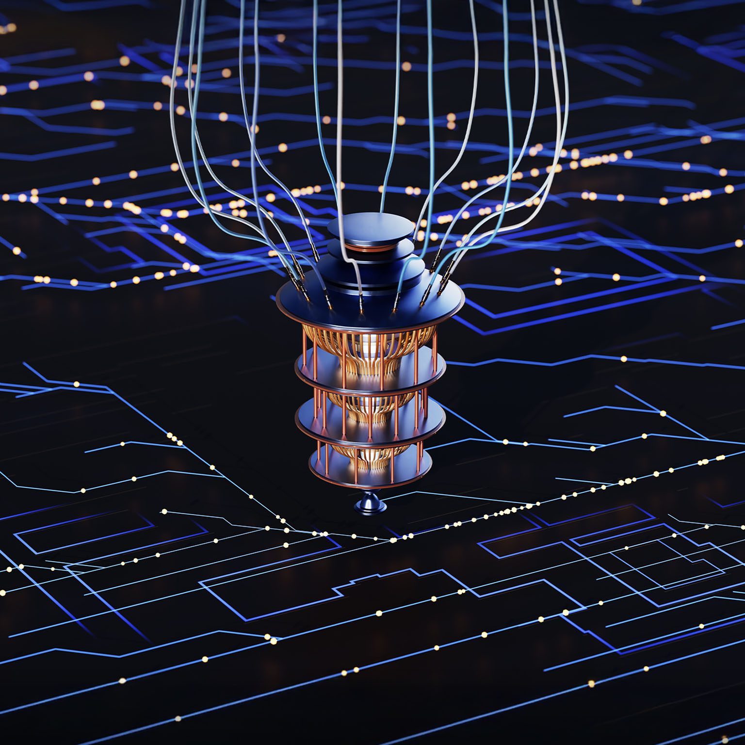A futuristic quantum computer sits atop a glowing circuit board, symbolizing advanced technology, artificial intelligence, and the future of data processing. The intricate circuitry beneath the device highlights the complexity and power of quantum computing.