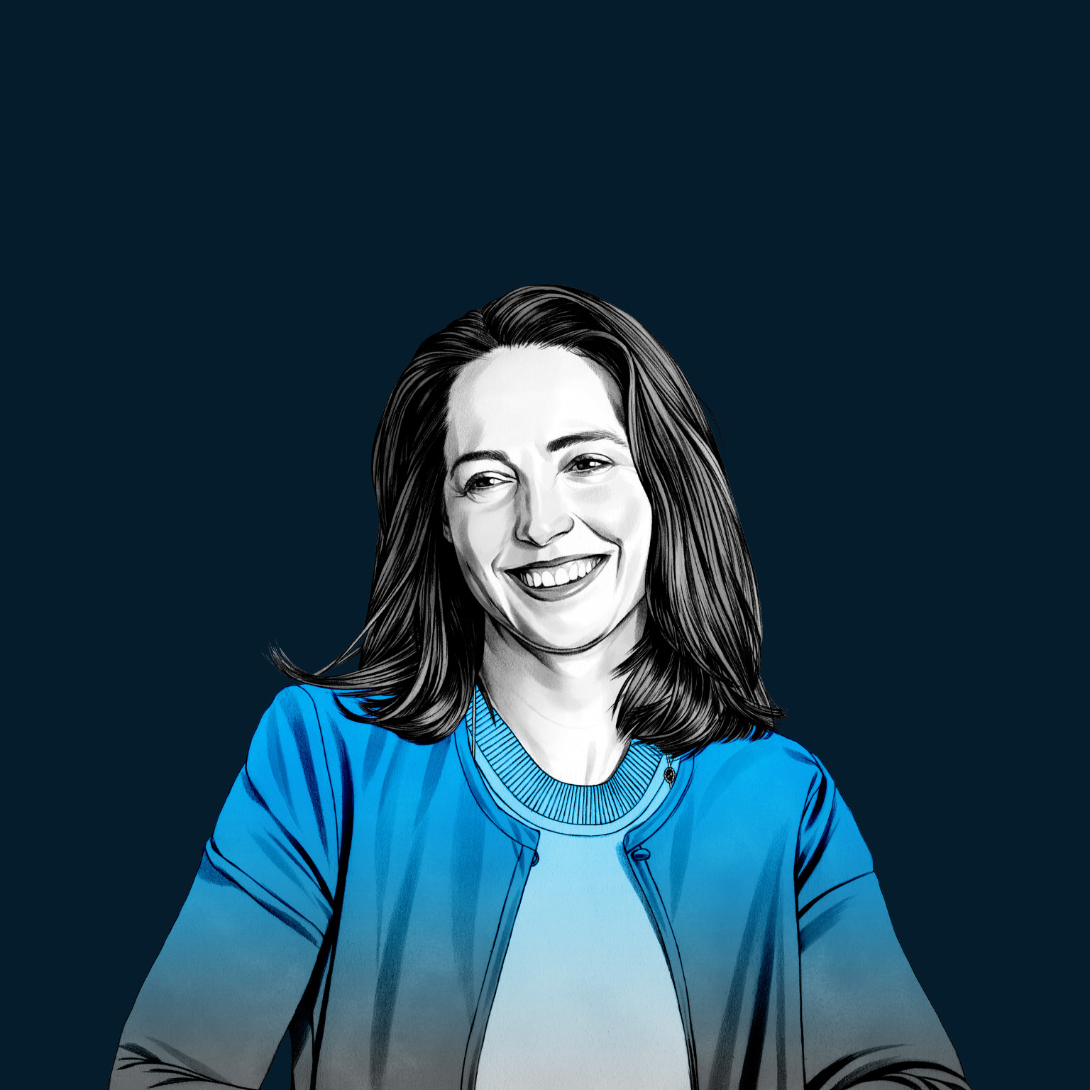 A hand-drawn illustration of Sarah Friar, smiling and wearing a crew neck top and carrigain. The drawing features precise lines and subtle shading, using black and white tones for her face and blues for her attire.