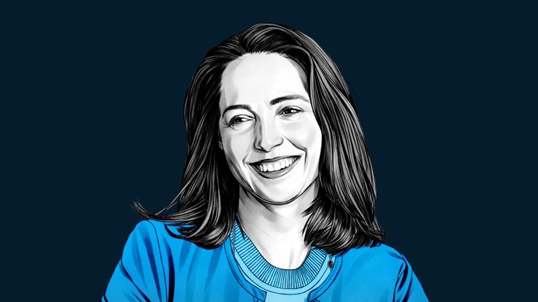 A hand-drawn illustration of Sarah Friar, smiling and wearing a crew neck top and carrigain. The drawing features precise lines and subtle shading, using black and white tones for her face and blues for her attire.