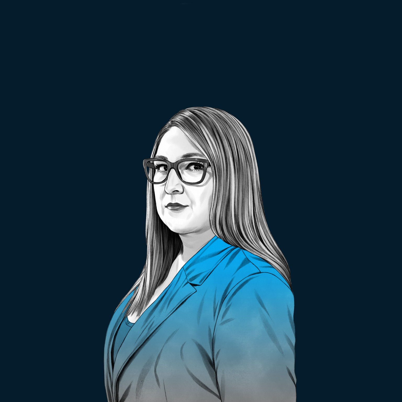 A hand-drawn illustration of Cathy Hackl, with a light smile and wearing glasses and a suit jacket. The drawing features precise lines and subtle shading, using black and white tones for her face and blues for her attire.