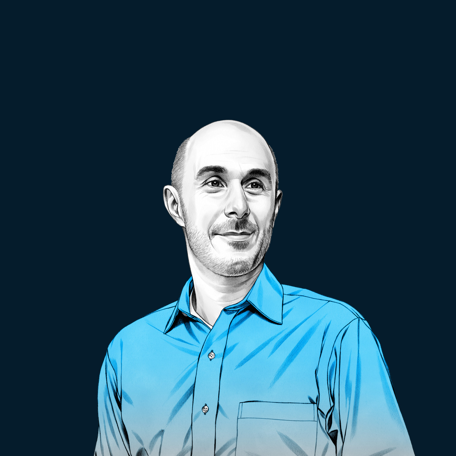 A hand-drawn illustration of Erik Roth, smiling and wearing a collared button-up shirt. The drawing features precise lines and subtle shading, using black and white tones for his face and blues for his attire.