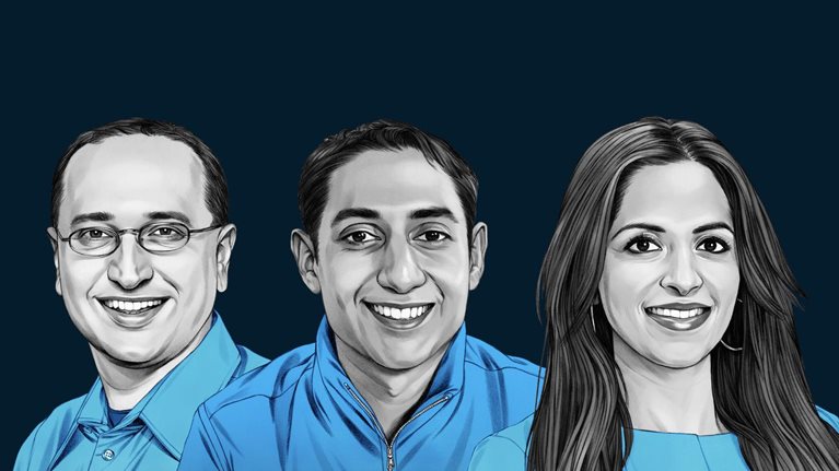 A hand-drawn illustration of Naveen Chadha, Kiran Prasad and Naba Banerjee. The drawing features precise lines and subtle shading, using black and white tones for face and blues for attire.