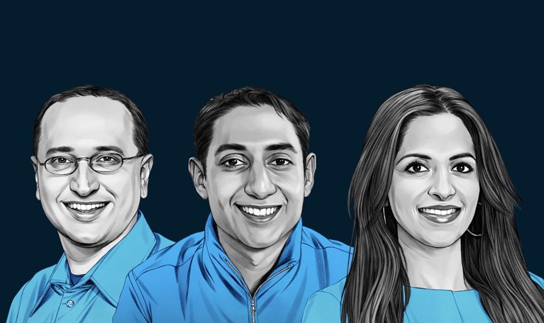 A hand-drawn illustration of Naveen Chadha, Kiran Prasad and Naba Banerjee. The drawing features precise lines and subtle shading, using black and white tones for face and blues for attire.