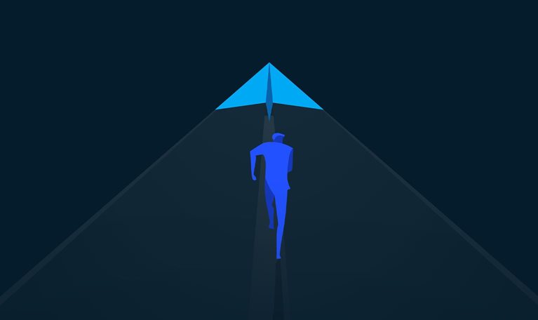This artwork is a piece of minimalist vector illustration that depicts themes of ambition, progress, and achievement. The image features a stylized figure walking towards a glowing, triangular object resembling a paper airplane or a beacon of light.