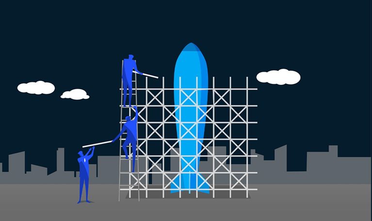 The image appears to be an illustration representing a team constructing or working on a rocket ship or similar structure.