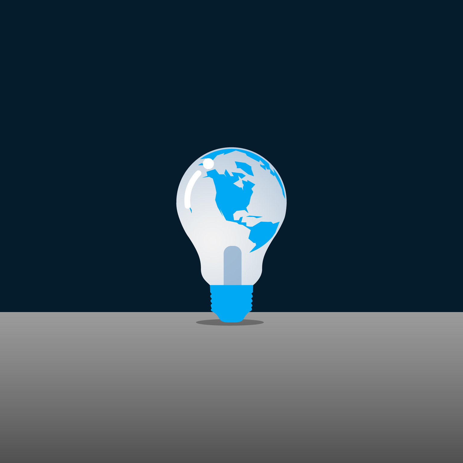 This graphic image depicts a lightbulb containing a stylized map of the Earth's continents. It is a commonly used visual metaphor representing concepts such as global ideas, innovation, and technology.