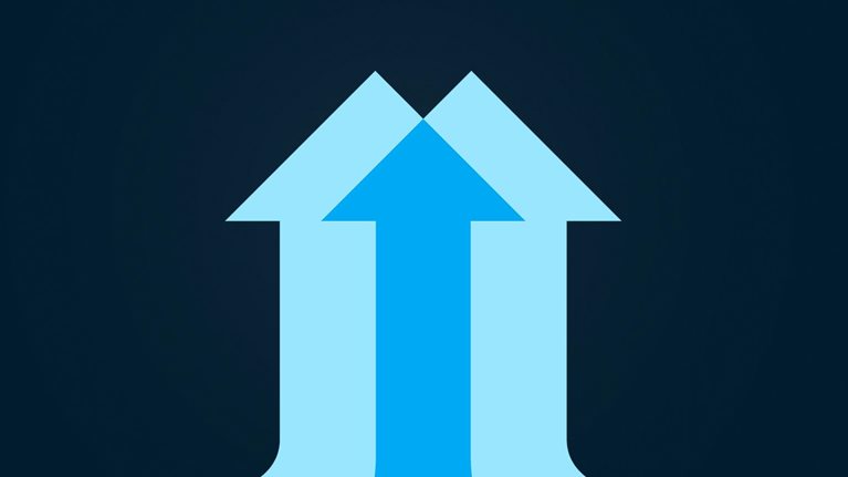 Several arrows converging, pointing upwards. - stock illustration