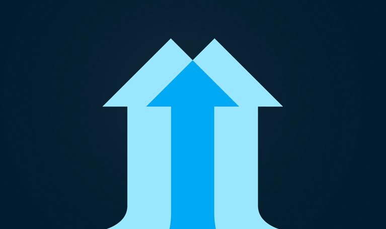 Several arrows converging, pointing upwards. - stock illustration