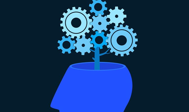 A tree full of gears grows out of the brain - stock illustration