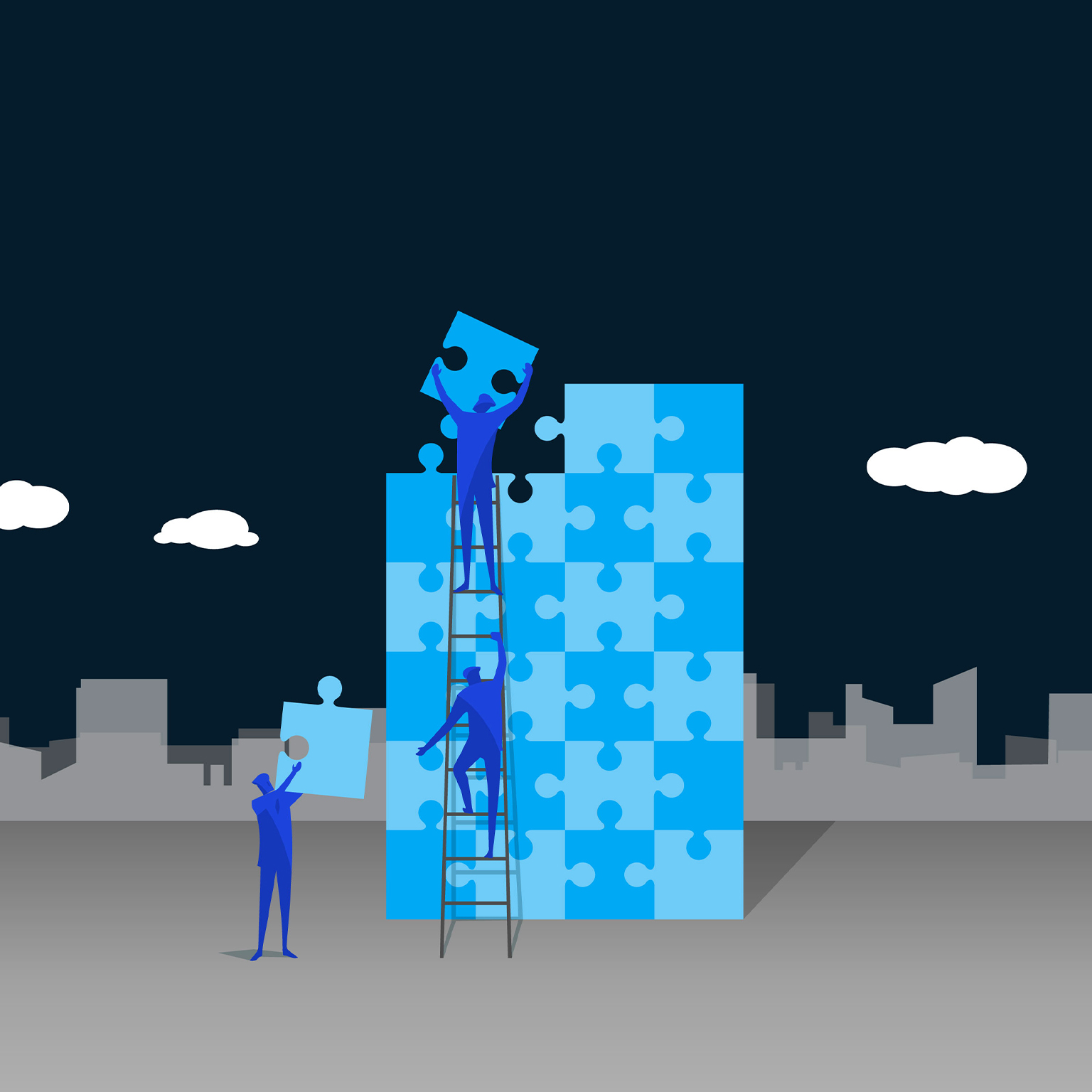 Illustration of several people assembling larger than life puzzle pieces together.