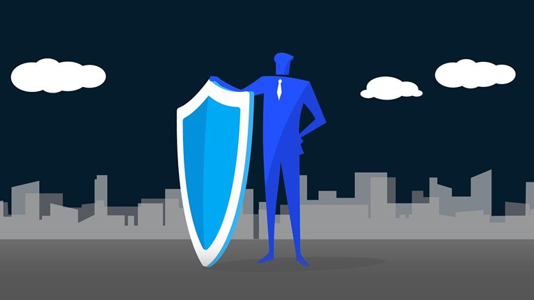 This image is a conceptual illustration often used to represent cyber security resilience, corporate protection, or business risk management. It features a businessman acting as a protective leader, symbolizing courage and defense against digital or operational threats.