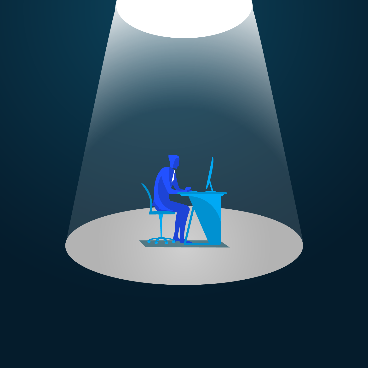single worker at desk under spotlight illustration 