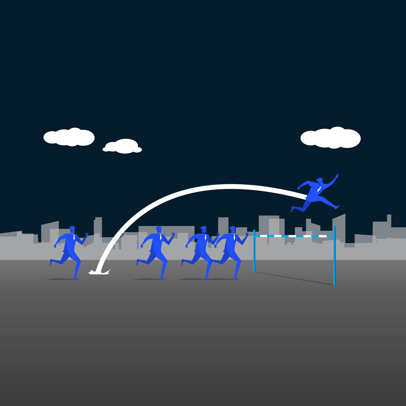runners with one jumping over the finish line illustration