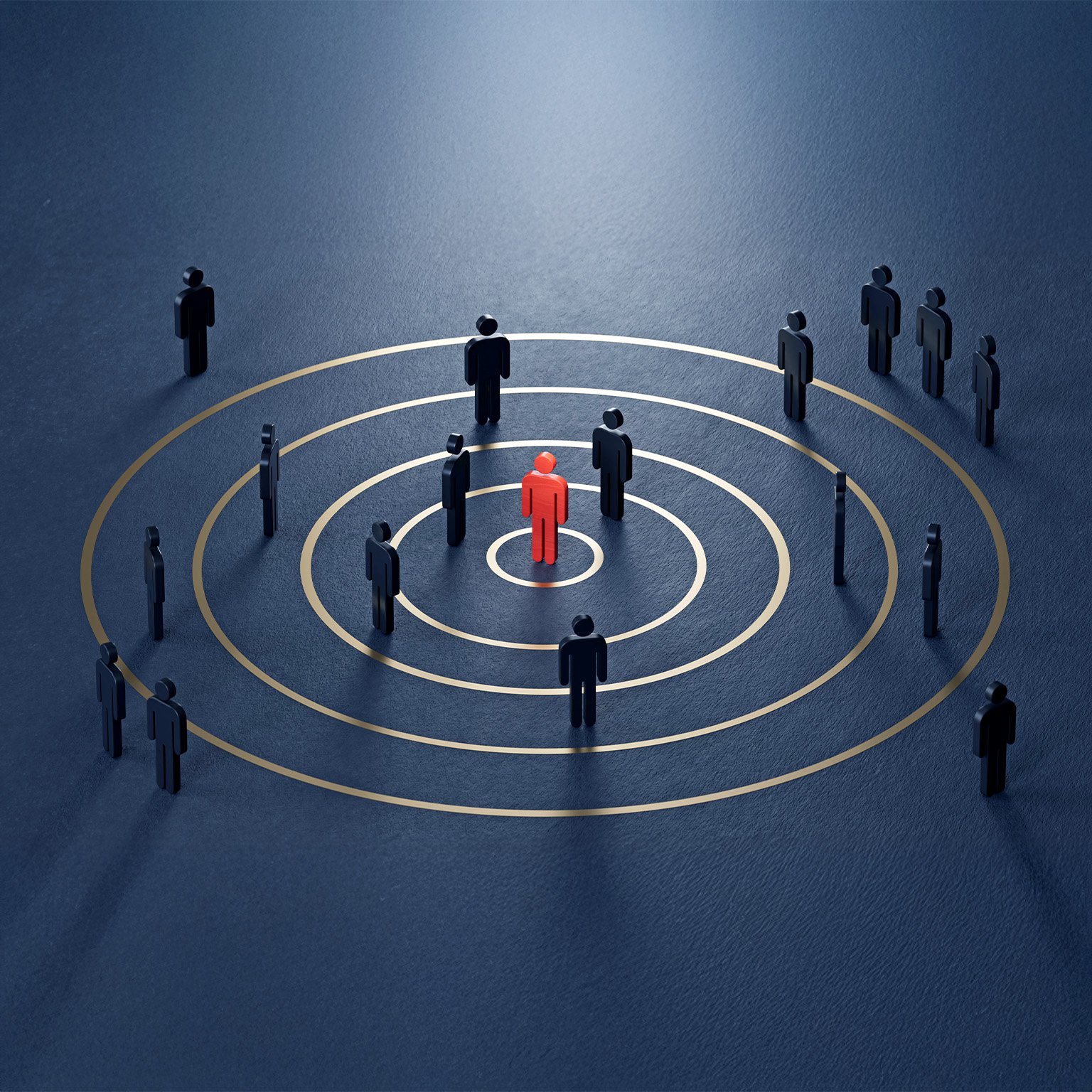 Conceptual image showing figures arranged over concentric circles with a central figure highlighted in red.
