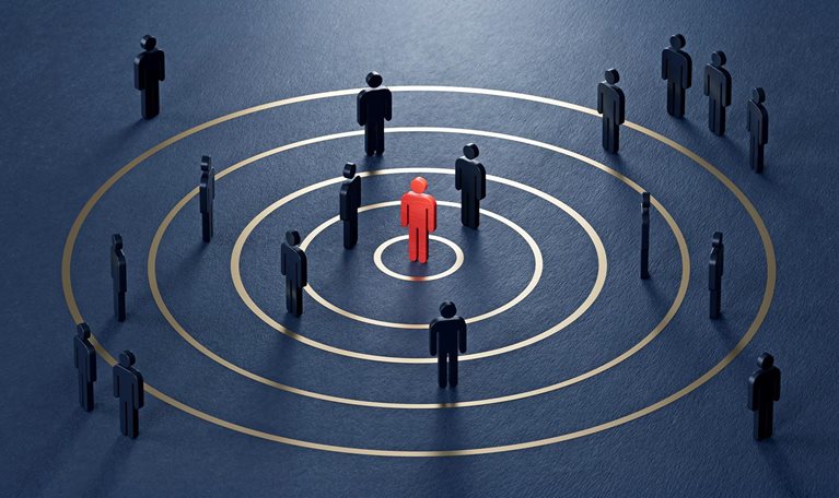 Conceptual image showing figures arranged over concentric circles with a central figure highlighted in red.