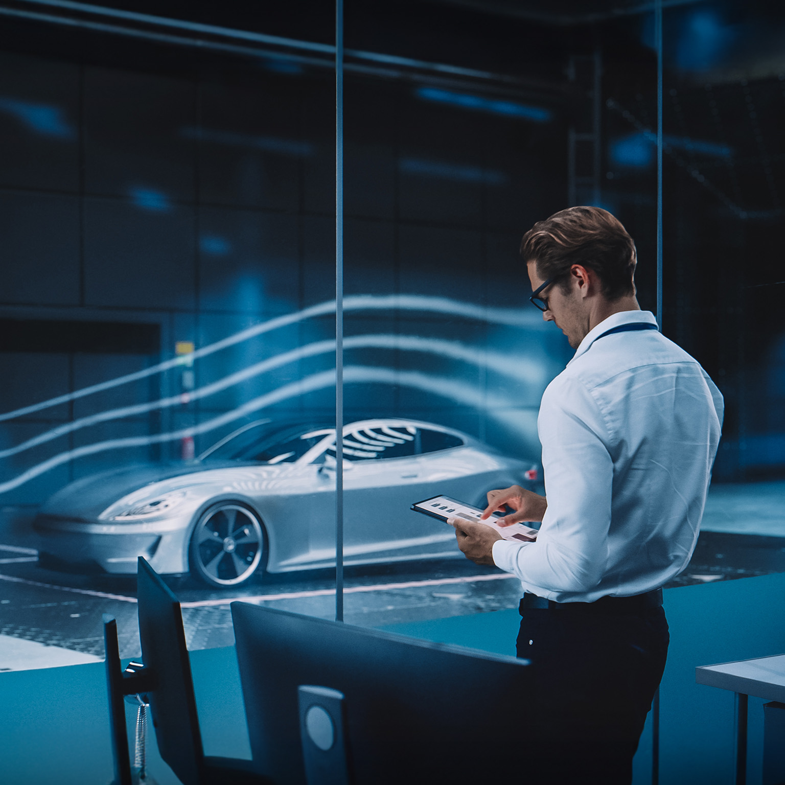 Engineering Research Agency Perform Aerodynamic Testing with a Modern Eco-Friendly Electric Sports Car in a Wind Tunnel. Professional Scientist Works on a Tablet Computer and Changes Testing Options.