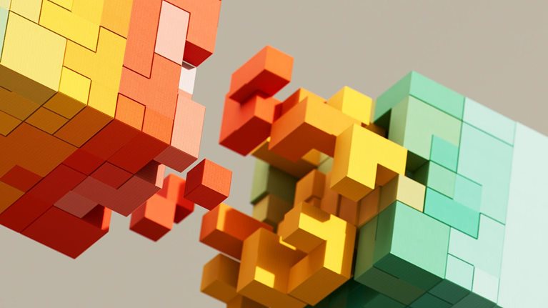 Futuristic cubes, digital data flowing, and network structure. - stock illustration