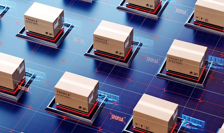 Image of packages being transported in a high-tech automatic logistics management system with AR overlays showing package information.