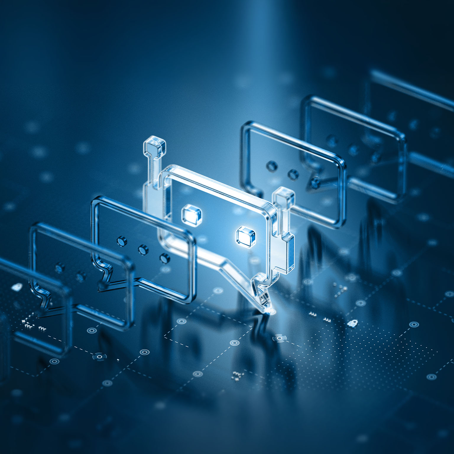 This image is a conceptual 3D visualization representing AI technology and communication, commonly used in marketing and motion graphics.