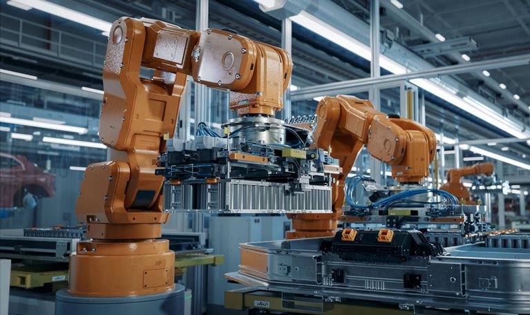 Advanced orange industrial robot arm assemble EV battery pack on automated production line.