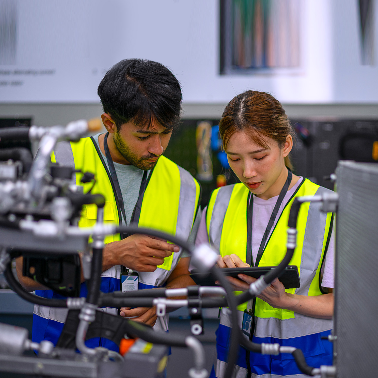 Mechanics are working at EV car workshop.