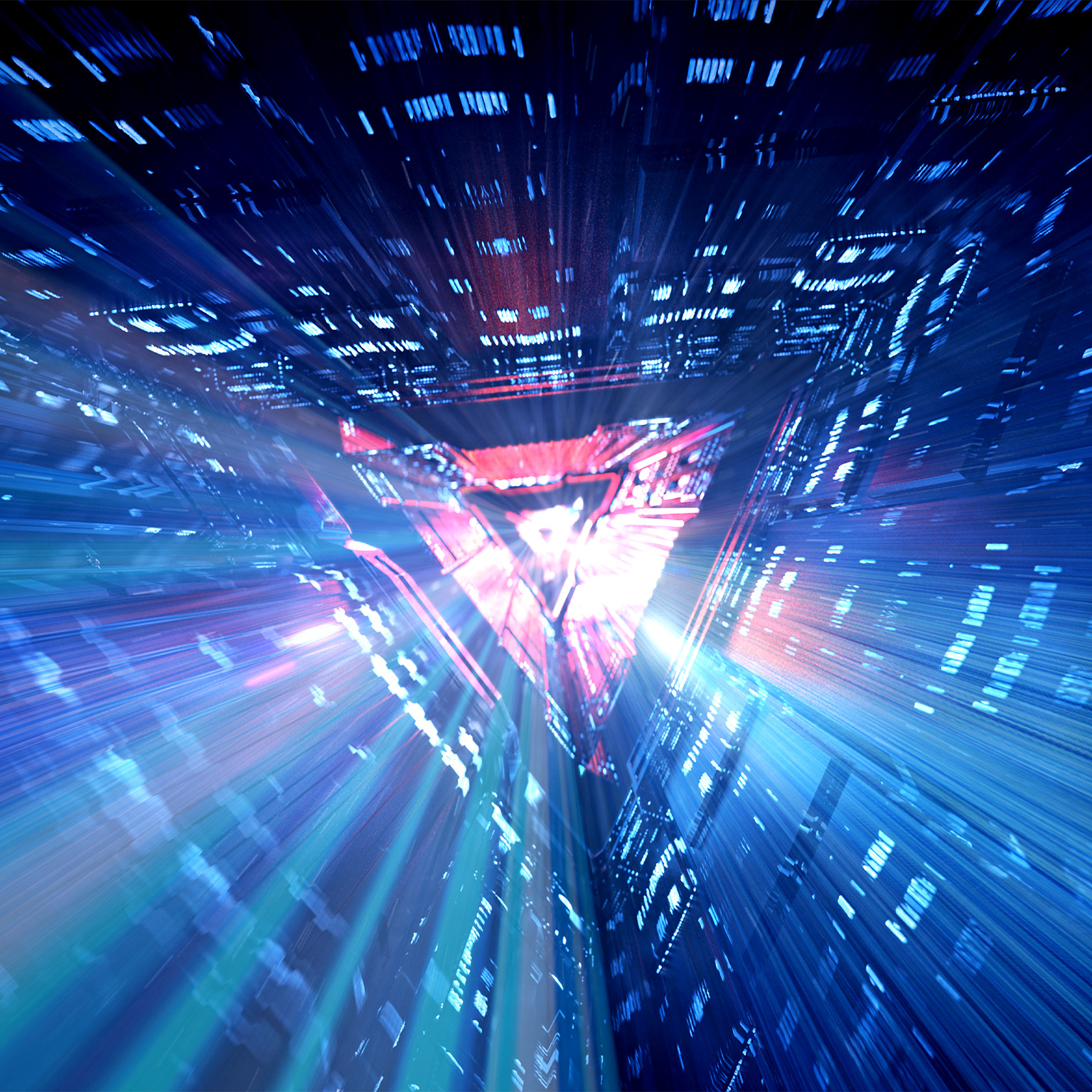 Abstract image of a triangle shape tunnel with light speed motion.