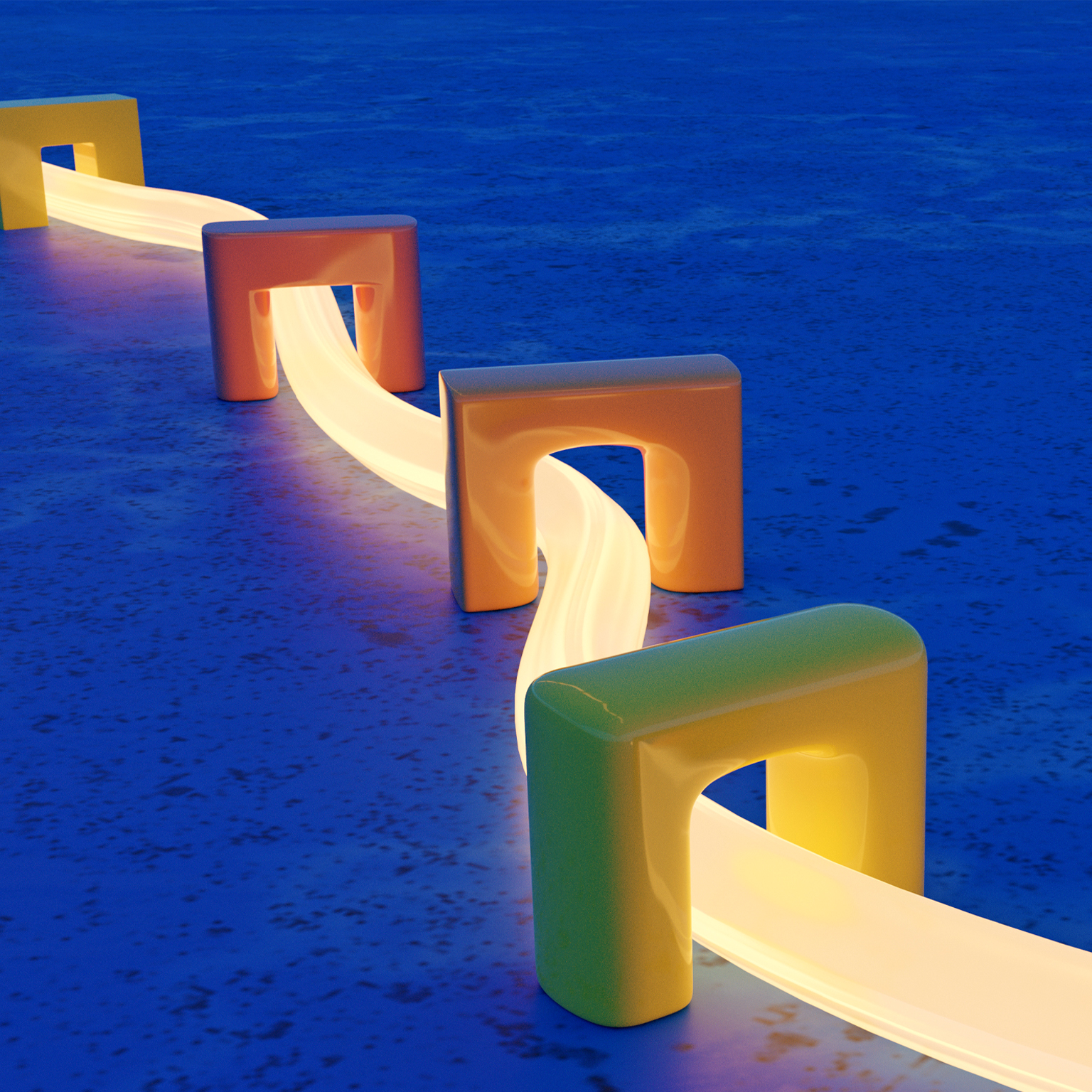 Abstract scene where a tube of light connects several arches