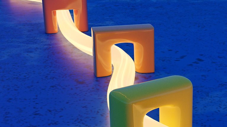 Abstract scene where a tube of light connects several arches