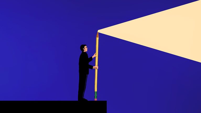 An illustration of a person holding an oversized pencil shining light out into the night sky.