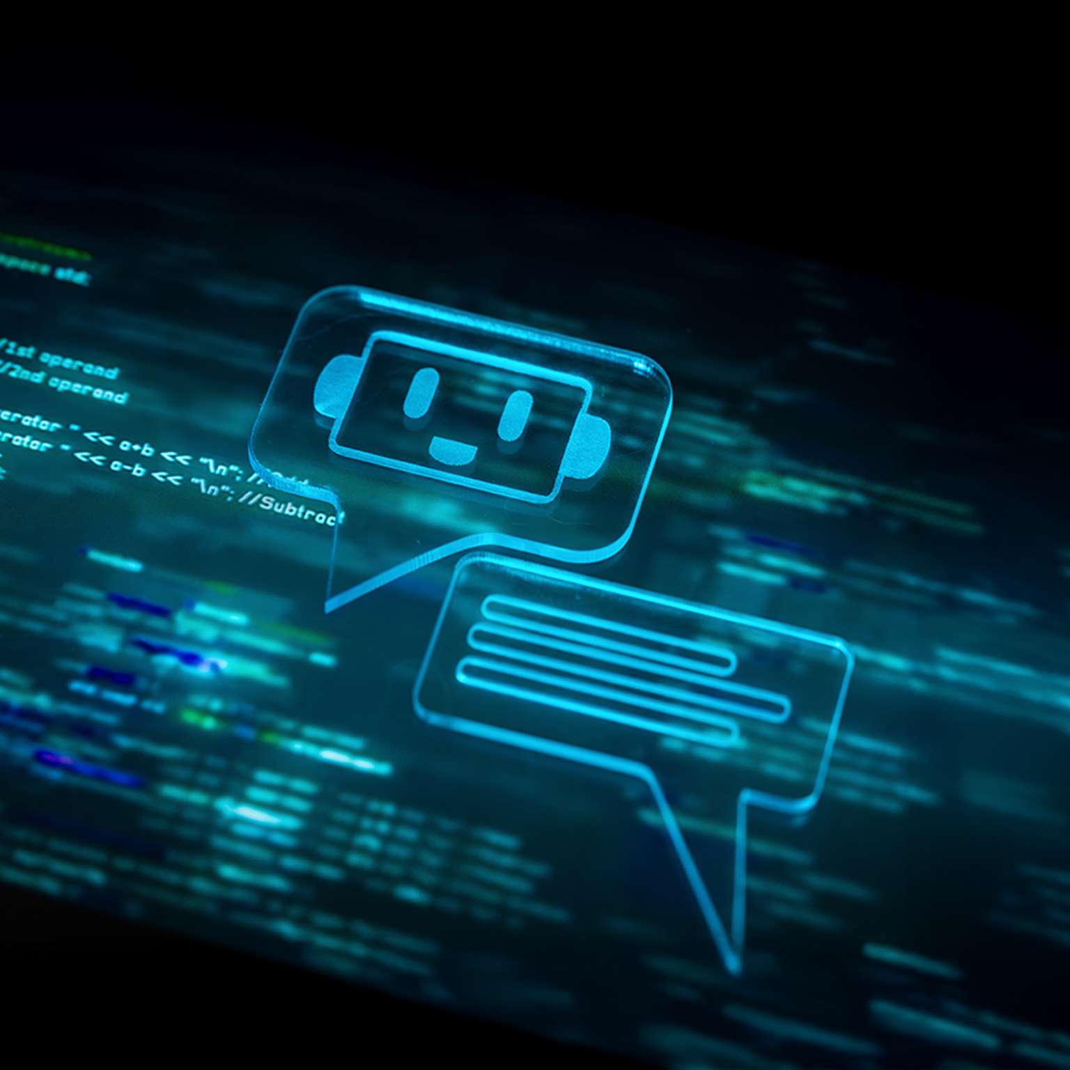Friendly chatbot icon within a speech bubble engaging with programming code in a futuristic digital interface, symbolizing artificial intelligence in software development