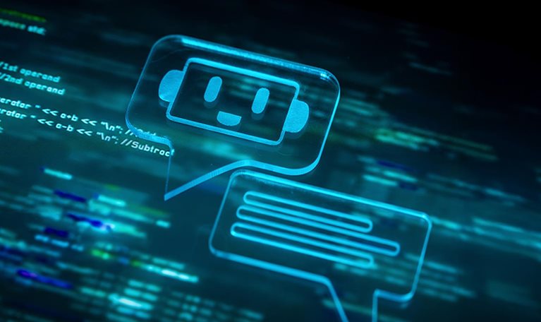 Friendly chatbot icon within a speech bubble engaging with programming code in a futuristic digital interface, symbolizing artificial intelligence in software development