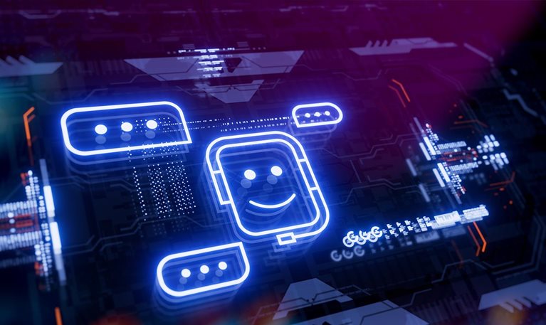 AI assistant icon on a digital LCD display with reflection