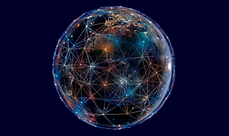 A digital globe with colorful connected nodes and lines representing networks