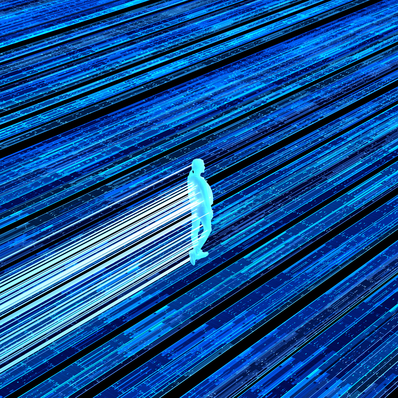 A glowing, silhouetted human figure walking along streaks of bright blue and white light that resemble data streams or digital pathways.