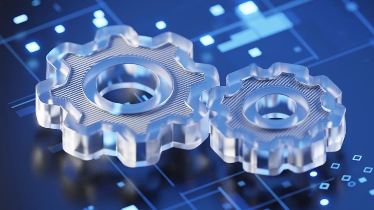 Gears 3d symbol on abstract digital background. Working, solution, teamwork, processing concept.