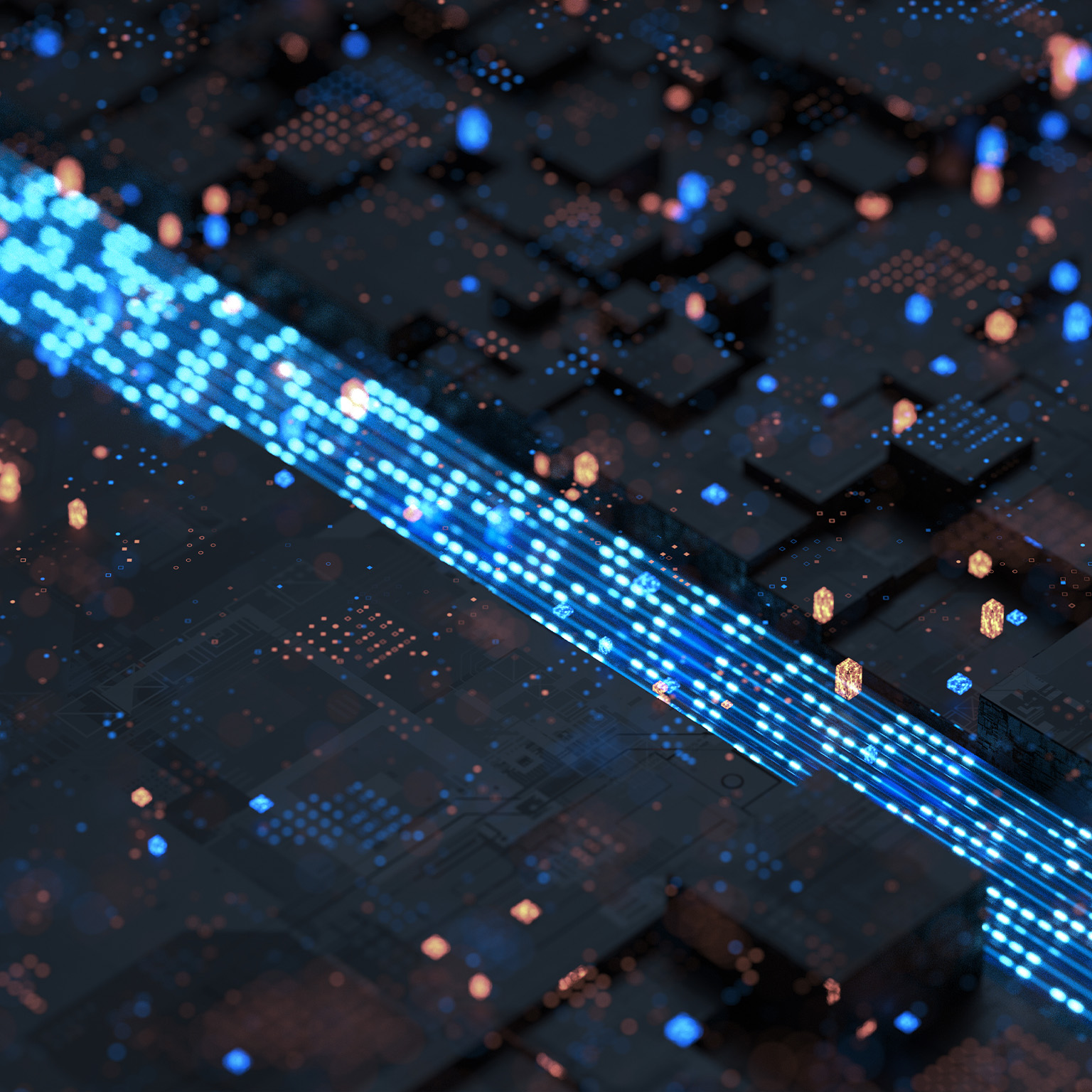 3D rendering of rapidly flowing particle data. Blue technological lines in a smart city.