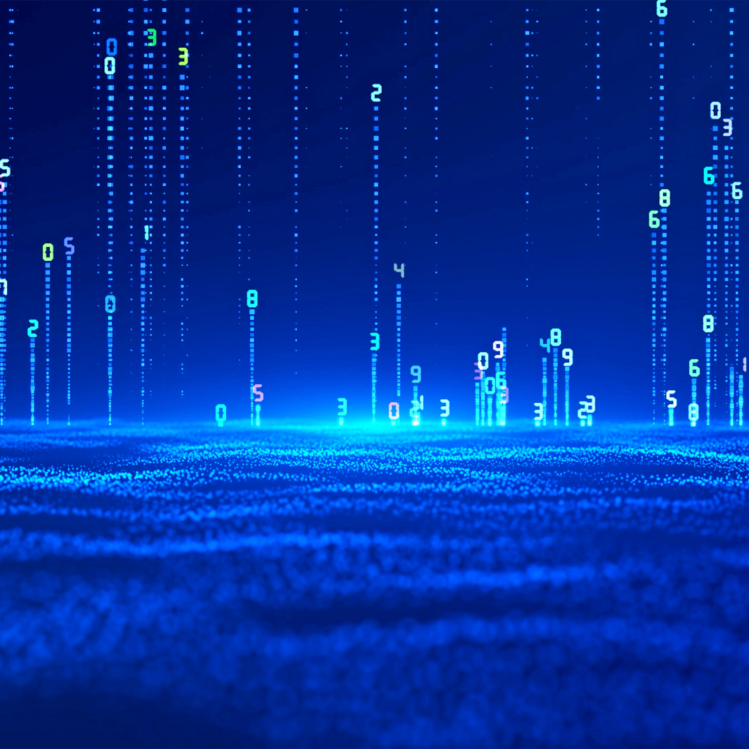  An abstract video visualization of a data flow with a cascade of glowing numbers embodying the incessant flow of information in a virtual realm.