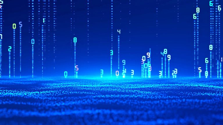 An abstract video visualization of a data flow with a cascade of glowing numbers embodying the incessant flow of information in a virtual realm.