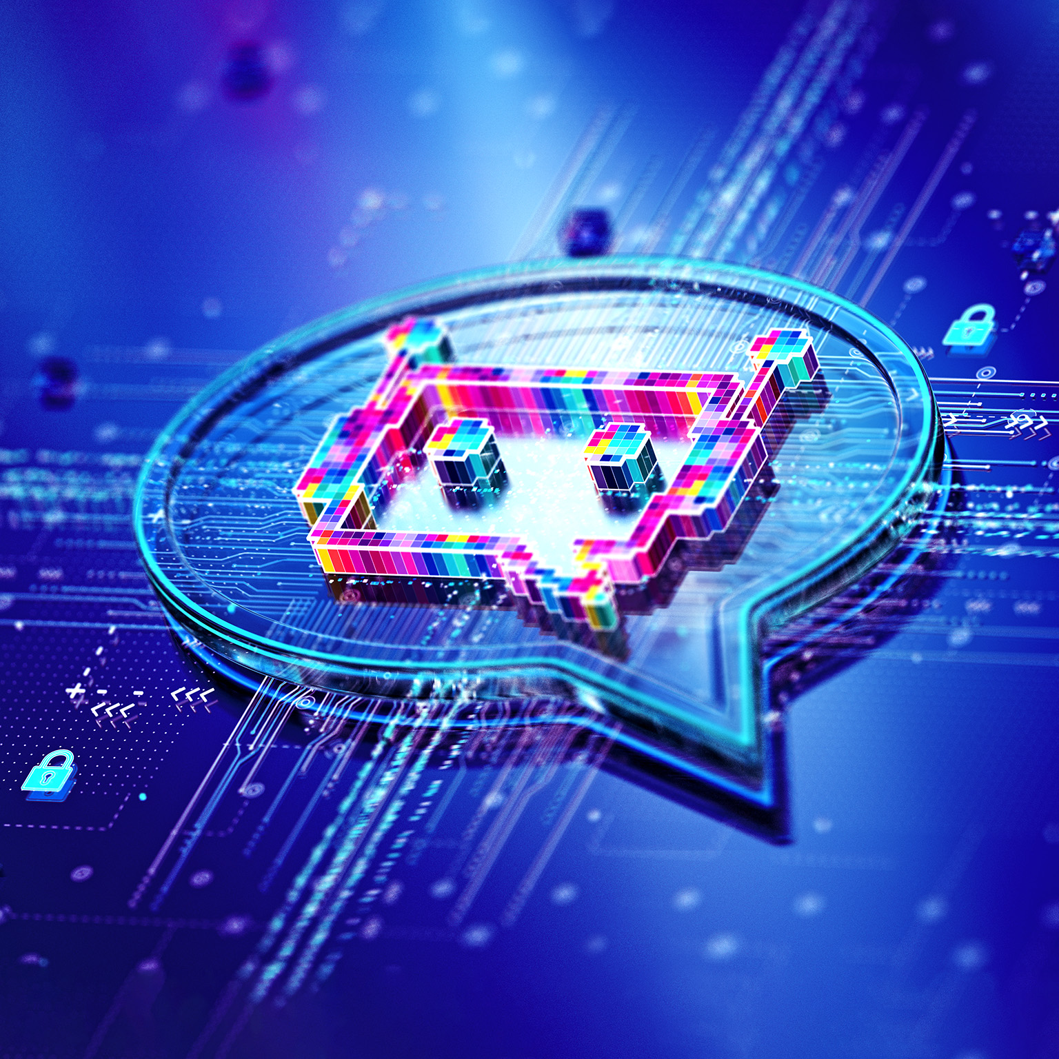 Image of an AI chatbot inside a digital 3d comment shape.