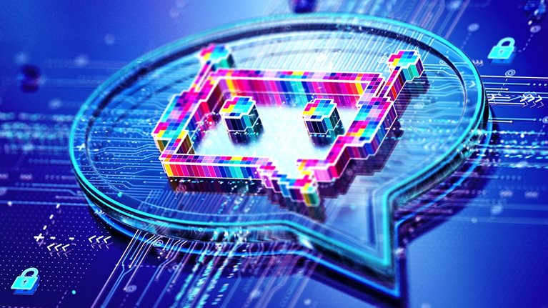 Image of an AI chatbot inside a digital 3d comment shape.
