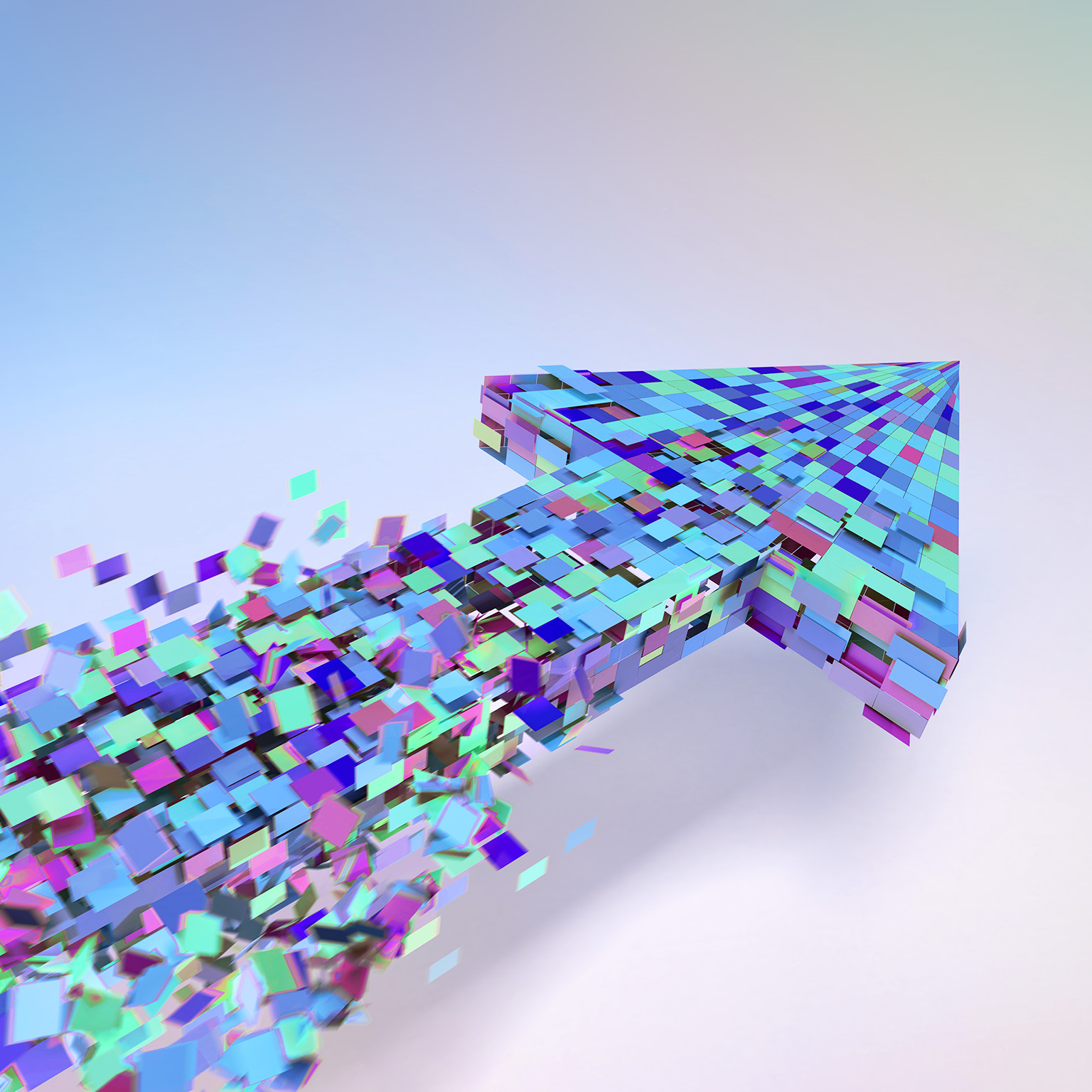 Lots of multi-colored square coming together to form a three dimensional arrow. The squares are forming in the wake of the arrow head and are moving quickly with motion blur.