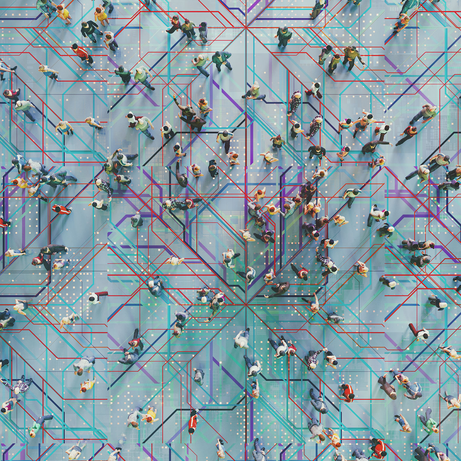 Abstract crowds of people with virtual reality street display - stock photo