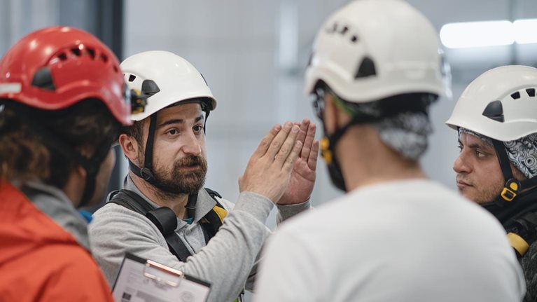 Morning meeting at the factory