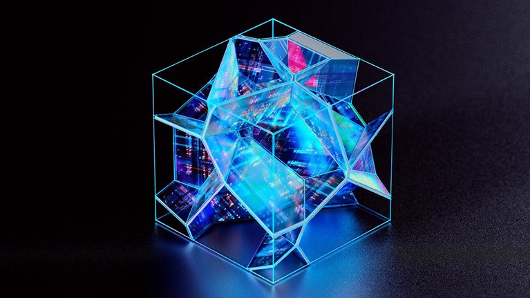 Isometric view of a translucent cube-shaped block with blue glowing futuristic data flowing inside.