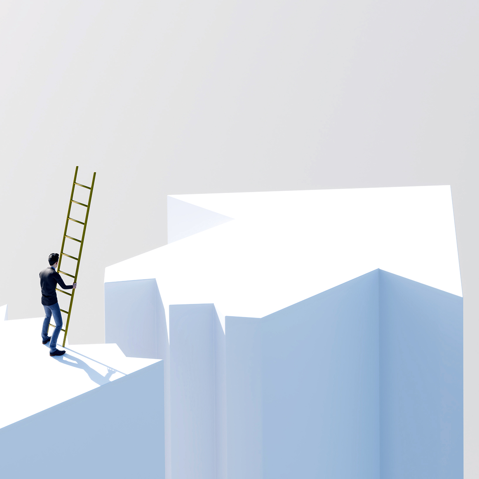 Person holding a ladder while standing near the edge of a gap between elevated surfaces.
