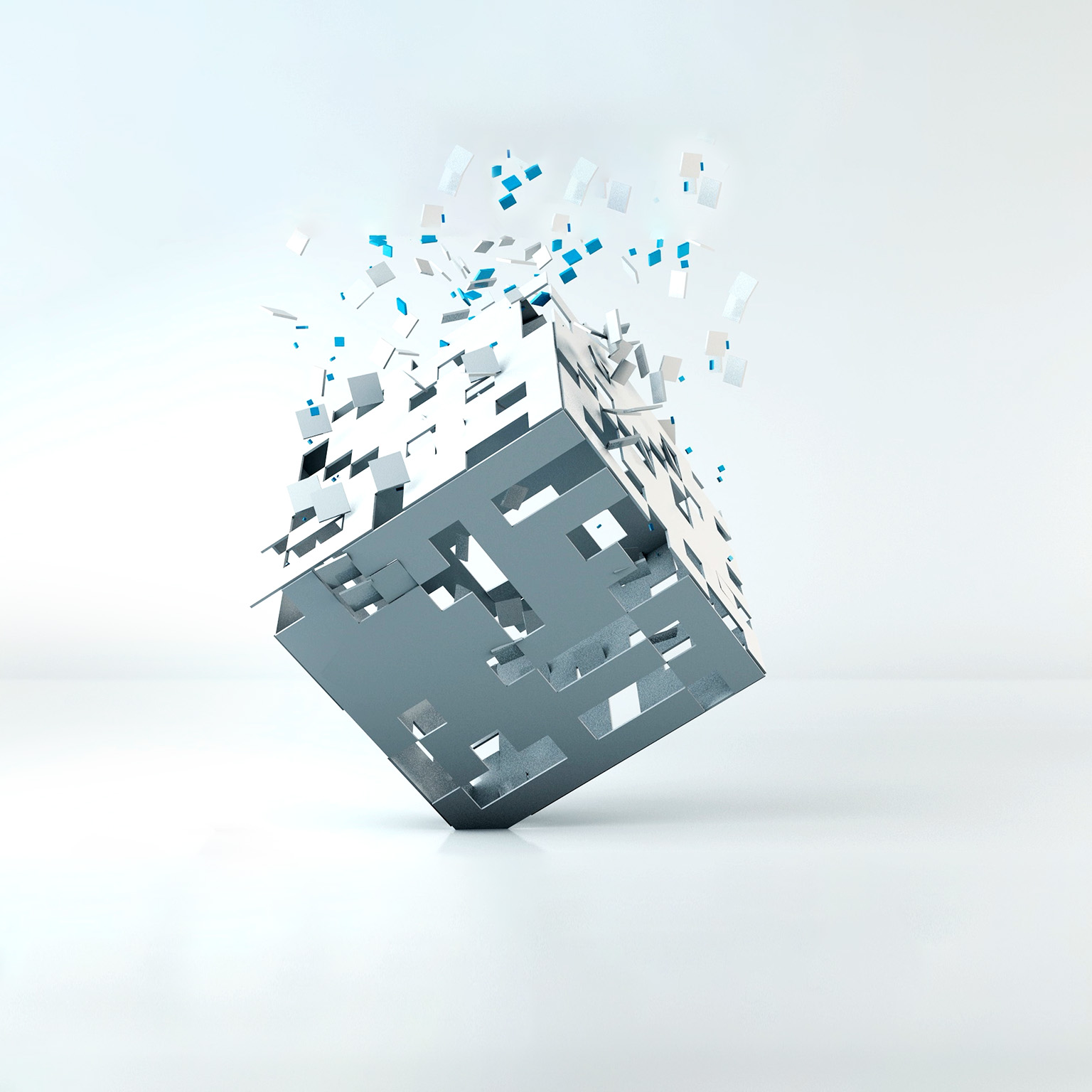 An animated 3d cube, which is initially white, spinning and transforming to blue, with small white square pieces of it flying off and up and blue squares coming down and replacing them.